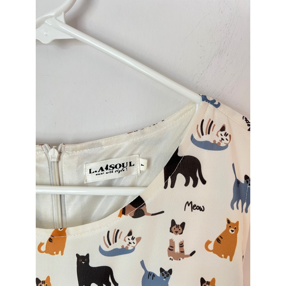 CAT PRINT L.A. Soul Fit and Flare Dress Cream Sleeveless Pleated Skirt Large - Picture 5 of 8